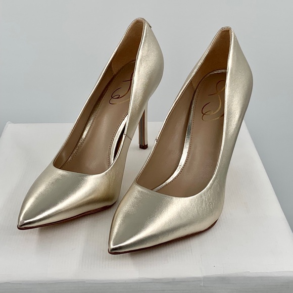 NWT NIB Sam Edelman Hazel Woman’s Gold Leather High Heeled Pointed Toe Pump - Picture 10 of 14